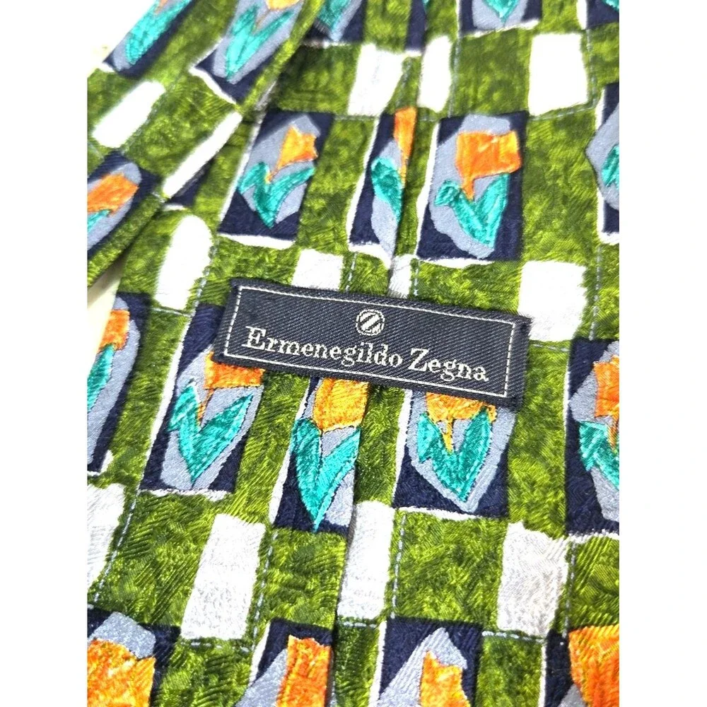 Ermenegildo Zegna Silk Tie Tulip Geometric Floral Pattern Made In Italy Designer